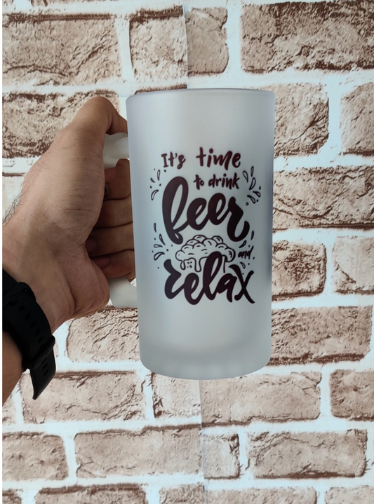 Printed Beer Glass Mug - 'It's Time To Drink Beer And Relax' Printed Beer Glass Mug